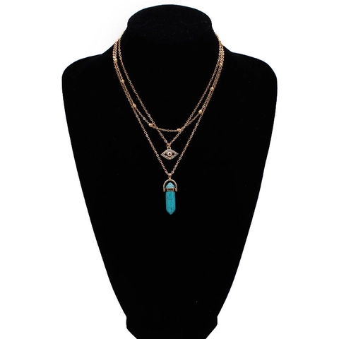 Bohemian Alloy Artificial Crystal Evil Eye Pendant Multi Layer Stacked Necklace For Women Gold Plated Geometric Prism Jewelry Gift