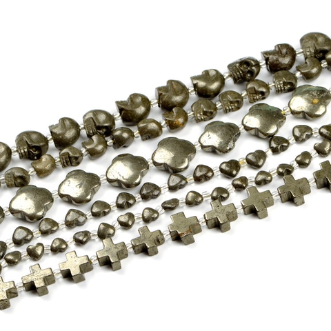 Natural Pyrite Stone Beads Various Shapes Heart Cross Skull Clover Metal Lustre For DIY Jewelry Making Handmade Crafts