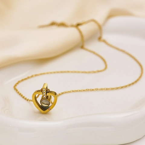Heart Necklace Stainless Steel 100 Languages I Love You Projection Pendant 18K Gold Plated Rhinestone Jewelry Gift Women