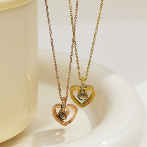 Heart Necklace Stainless Steel 100 Languages I Love You Projection Pendant 18K Gold Plated Rhinestone Jewelry Gift Women