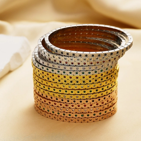 Stainless Steel Square Grid Zirconia Bangle For Women Gold Rose Gold Silver Plated Geometric Inlaid Stone Elegant Bracelet Fashion Jewelry
