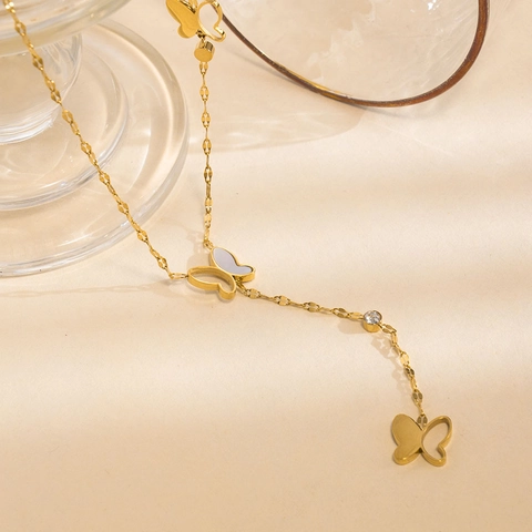 Collana A Y Farfalla Acciaio Al Titanio Oro Cavo Conchiglia Smalto Zircone Ciondolo Nappa Lunga Gioielli Eleganti Per Donna