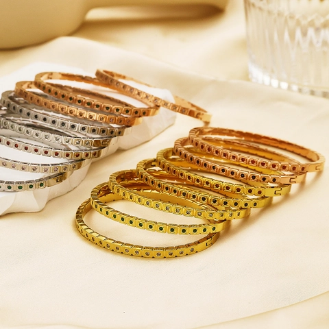 Stainless Steel Square Grid Zirconia Bangle For Women Gold Rose Gold Silver Plated Geometric Inlaid Stone Elegant Bracelet Fashion Jewelry