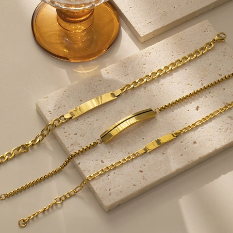 Minimalist Stainless Steel 18K Gold Plated ID Bracelet For Women Figaro Curb Box Chain Engravable Curved Plate Jewelry
