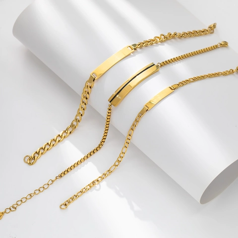 Minimalist Stainless Steel 18K Gold Plated ID Bracelet For Women Figaro Curb Box Chain Engravable Curved Plate Jewelry