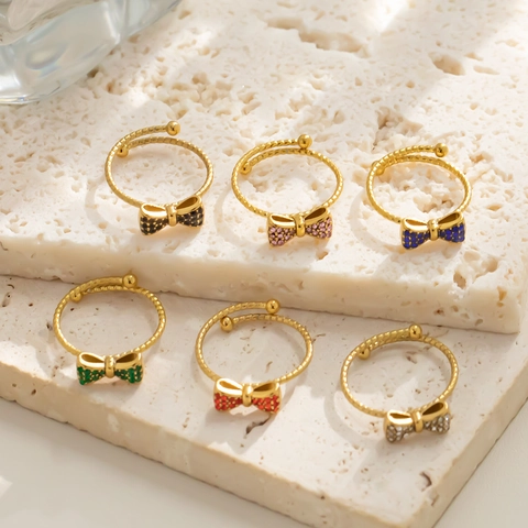 Mode Edelstahl Schleife Knoten Verstellbarer Offener Ring Für Damen Vergoldet Bunt Zirkonia Eingelegt Schleife Fingerring