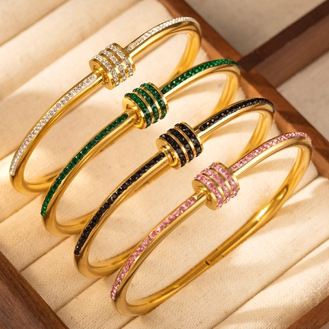 Luxus Gold Überzogen Edelstahl Bambus Armreif Für Damen Mit Buntem Zirkonia Gleitringe Eleganter Schmuck