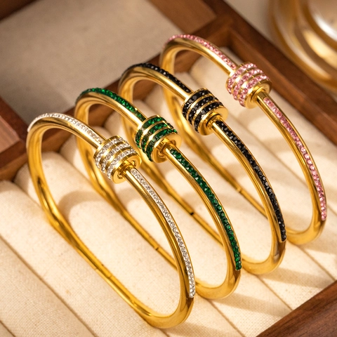 Luxus Gold Überzogen Edelstahl Bambus Armreif Für Damen Mit Buntem Zirkonia Gleitringe Eleganter Schmuck