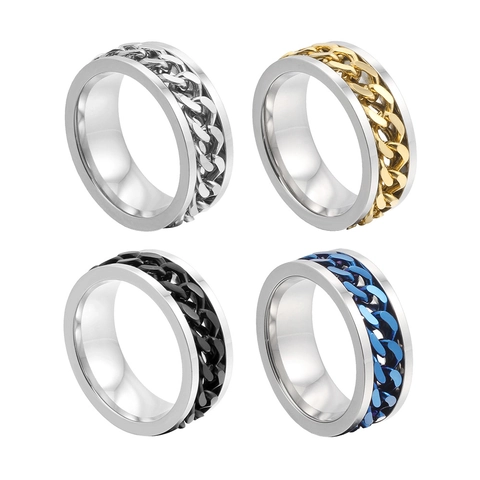 Men's Stainless Steel Spinner Ring Rotating Cuban Chain Design Functional Bottle Opener Ring Punk Fashion Jewelry Accessory