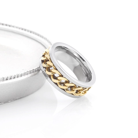 Vintage Stainless Steel Spinner Ring For Men Women Rotatable Cuban Link Chain Inlaid Punk Hip Hop Industrial Finger Ring