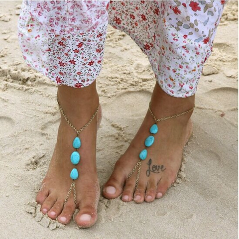 Bohemian Alloy Turquoise Beads Barefoot Sandals Foot Chain For Women Vintage Gold Silver Hand Harness Beach Jewelry