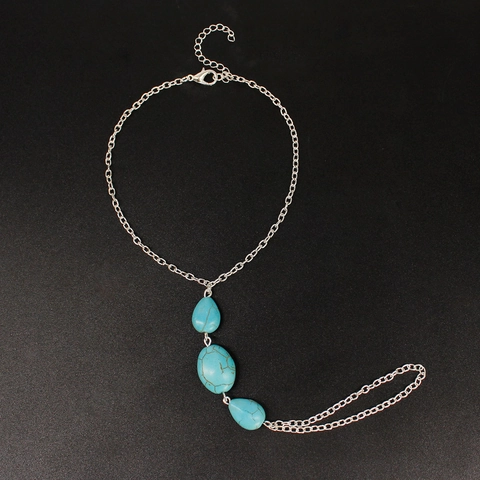 Bohemian Alloy Turquoise Beads Barefoot Sandals Foot Chain For Women Vintage Gold Silver Hand Harness Beach Jewelry