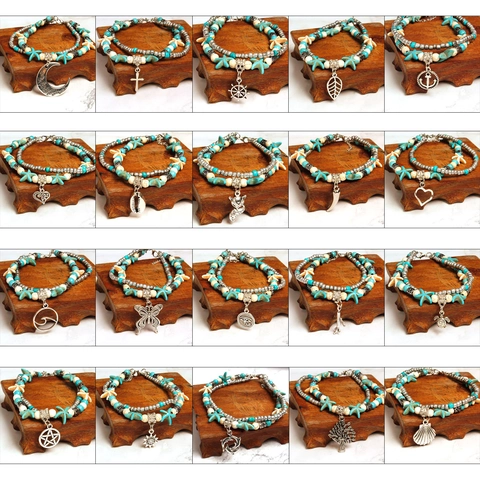 Böhmisch Doppelschicht Türkis Perlen Fußkettchen Für Damen Strand Seeschildkröte Seestern Herz Anhänger Beinkette Mode Schmuck