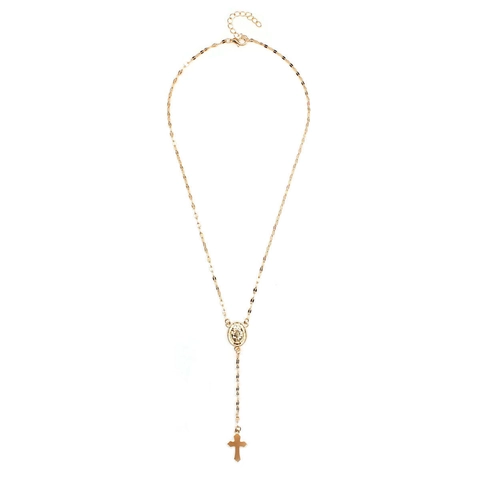 Vintage Virgin Mary Medallion Crucifix Pendant Y-Shaped Necklace For Women Alloy Religious Rosary Style Jewelry Gift