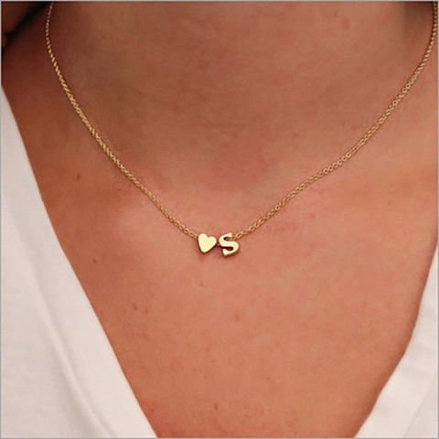 Women Alloy Heart Initial Pendant Necklace Personalized Alphabet Letter Gold Silver Plated Choker Daily Fashion Jewelry Gift