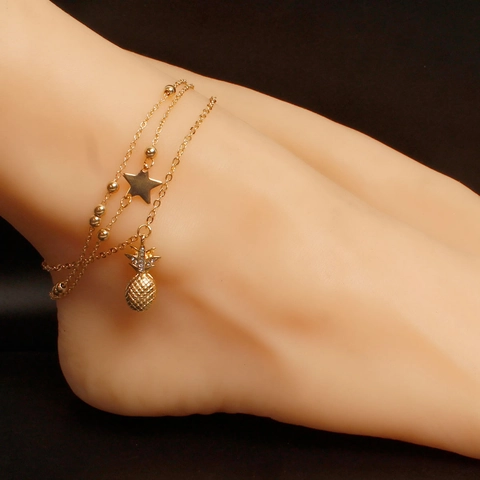 Bohemian Alloy Multi Layer Pineapple Star Pendant Anklet Rhinestone Gold Silver Plated Women Fashion Foot Jewelry Gift