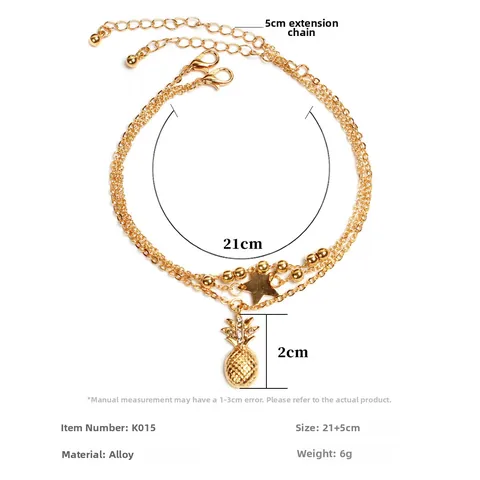 Bohemian Alloy Multi Layer Pineapple Star Pendant Anklet Rhinestone Gold Silver Plated Women Fashion Foot Jewelry Gift
