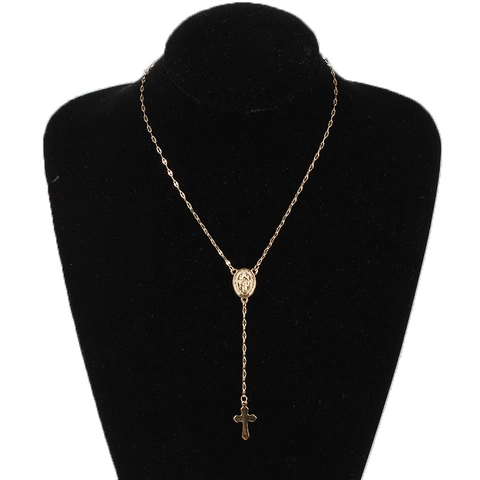 Vintage Virgin Mary Medallion Crucifix Pendant Y-Shaped Necklace For Women Alloy Religious Rosary Style Jewelry Gift