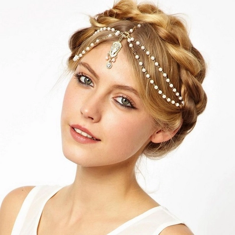 Catenina per Capelli Bohémien in Lega con Perle Artificiali e Strass per Donna Gioielli per Capelli Oro Stile Barocco Tocado Sposa