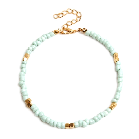 Bohemian Handmade Seed Bead Anklet For Women Gold Plated Alloy Square Cube Charm Adjustable Beach Foot Jewelry Gift
