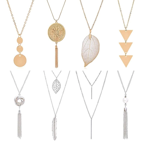 Fashion Alloy Geometric Necklace Collection For Women Gold Silver Plated Tassel Leaf Feather Pendant Long Sweater Chain Jewelry