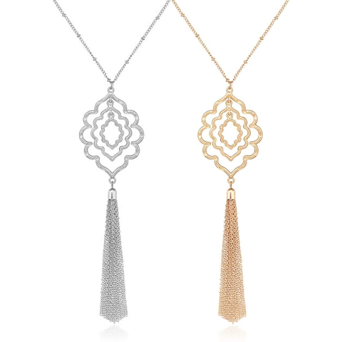 Collar Con Colgante Geométrico Bohemio Con Borla de Cadena Larga Para Mujer Joyería de Cadena de Suéter de Aleación de Oro Plata Vintage