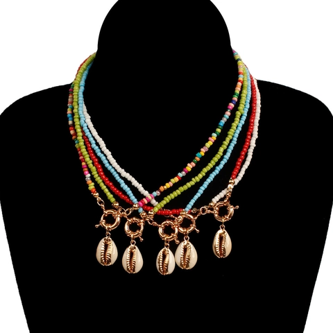 Bohemien Bunte Samenperlen Muschel Anhänger Halskette Für Damen Handgefertigte Sommer Strand Stil Legierung Seilkette Schmuck