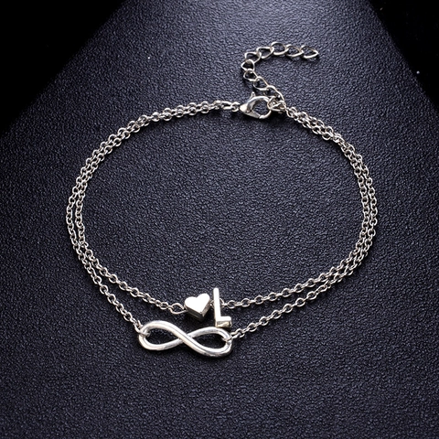 Fashion Double Layer Alloy Anklet For Women Silver Tone Heart Letter Infinity Symbol Pendant Adjustable Foot Chain Jewelry