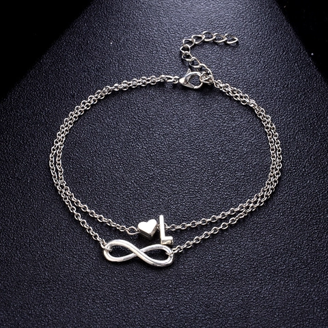 Moda Cavigliera a Doppio Strato in Lega per Donna Tono Argento Cuore Lettera Simbolo Infinito Pendente Catena Piedi Regolabile