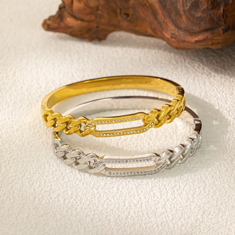 Bracelet Jonc en Acier Titane avec Strass pour Femme Plaqué Or 18K Luxe Géométrique Motif Matelassé Bracelet à Fermoir Bijoux de Mode