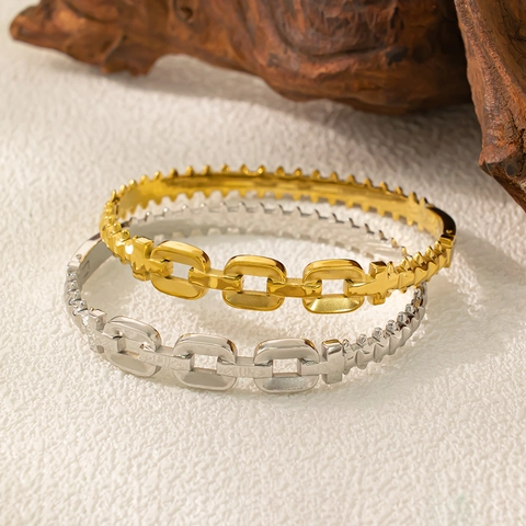 Bracelet Jonc Vintage en Acier Inoxydable pour Femme Design Losange Étoile Cœur Martelée Strass Or Argent Plaqué Bijoux