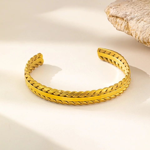 French Style Irregular Stainless Steel Cuff Bracelet For Women Gold Silver Plated Rhinestone Feather Wheat Bangle Jewelry