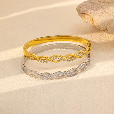 Jonc en Acier Inoxydable Plaqué Or 18K Avec Zircone Trèfle Nid d'abeille Design Bijoux de Mode Bracelet pour Femme