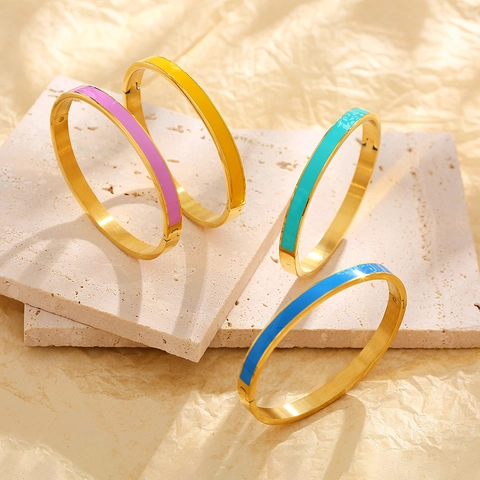 Fashion Stainless Steel Enamel Bangle Bracelet For Women Gold Plated Oval Hinge Cuff Bracelet Elegant Daily Jewelry Gift