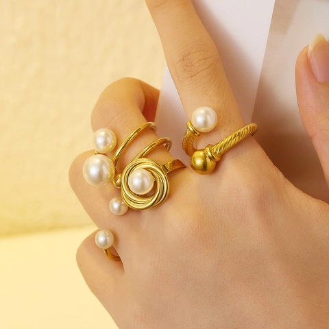 Women's Stainless Steel Artificial Pearl Ring Gold Plated Irregular Geometric Knot Stackable Fashion Ring Jewelry Finger Jewelry