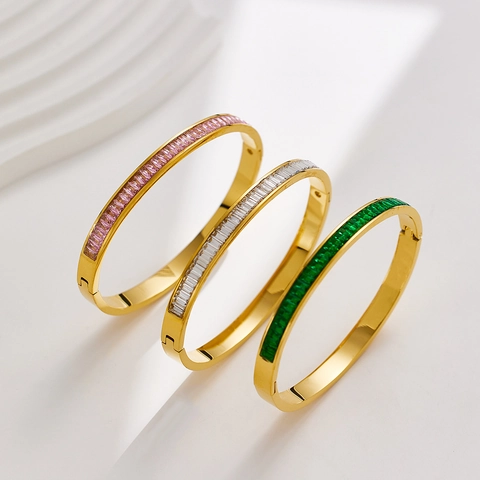 Elegant Stainless Steel Baguette Rhinestone Bangle For Women Luxury Gold Plated Hinged Bangle Bracelet Fashion Jewelry Gift