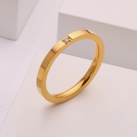 Minimalist Stainless Steel Rhinestone Ring For Women Vacuum Plated 18K Gold Single Stone Geometric Band Fashion Jewelry Finger Ring
