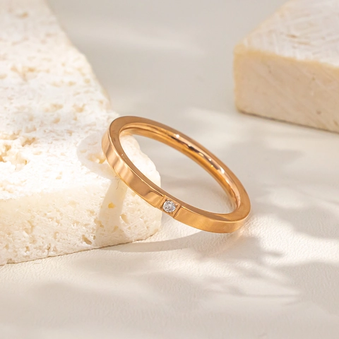 Minimalist Stainless Steel Rhinestone Ring For Women Vacuum Plated 18K Gold Single Stone Geometric Band Fashion Jewelry Finger Ring