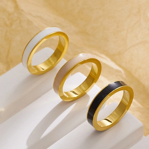 Anillo Minimalista de Acero Inoxidable Esmaltado para Mujer Chapado en Oro Negro Blanco Rosa Empolvado Goteo de Aceite Joyería de Moda