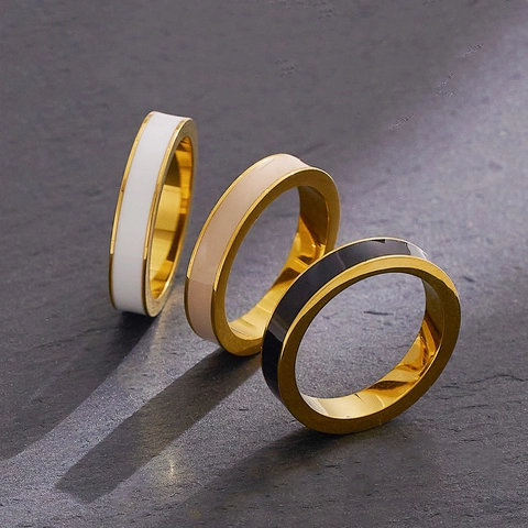 Minimalist Stainless Steel Gold Plated Band Ring With Black White Enamel Epoxy Simple Fashion Drip Glue Jewelry For Women