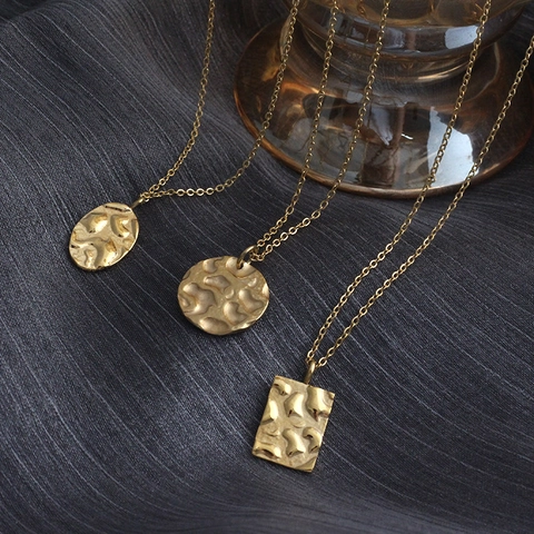 18K Gold Plated Titanium Steel Hammered Geometric Pendant Necklace For Women Vintage Lava Texture Round Square Oval Jewelry