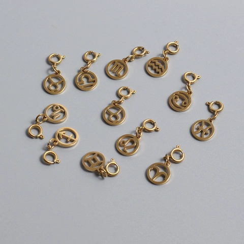 Stainless Steel 12 Zodiac Sign Pendants For DIY Jewelry Gold Plated Astrology Constellation Charms With Spring Ring Clasp