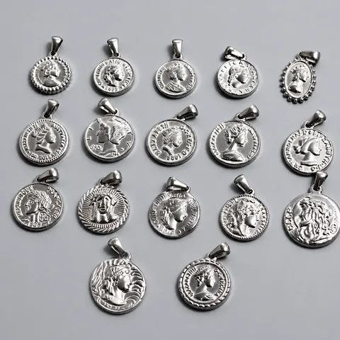Vintage Stainless Steel Roman Coin Pendant Elizabeth II Portrait Relief Embossed Metal Charm For DIY Jewelry Making Necklaces