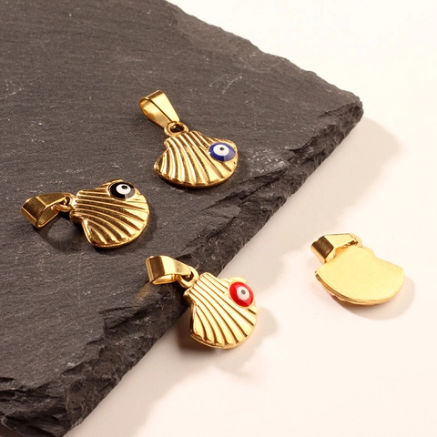 Vintage Gold Plated Stainless Steel Shell Evil Eye Pendant Resin Drip Glue Scallop DIY Jewelry Charm For Necklace Women