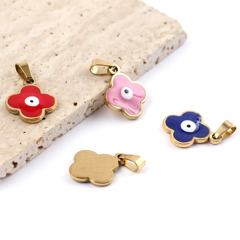 Stainless Steel Gold Plated Clover Evil Eye Enamel Pendant Only Without Chain Diy Jewelry Making Women Lucky Charm Accessory