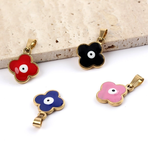 Stainless Steel Gold Plated Clover Evil Eye Enamel Pendant Only Without Chain Diy Jewelry Making Women Lucky Charm Accessory