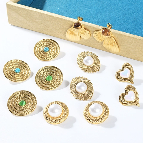 Vintage Geometric Alloy Stud Earrings Gold Plated Inlaid Artificial Pearl Natural Stone Heart Ginkgo Leaf Retro Earrings Jewelry