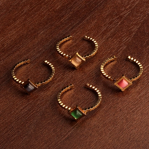 Vintage 304 Edelstahl Offener Ring Für Damen Vergoldet Wellenförmig Geometrisch Verstellbarer Künstlicher Katzenaugenstein Ring Modeschmuck