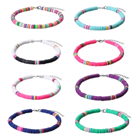 Bohemian Colorful Handmade Polymer Clay Heishi Beads Anklet For Women Adjustable Summer Beach Jewelry With Extender Chain Alloy Clasp