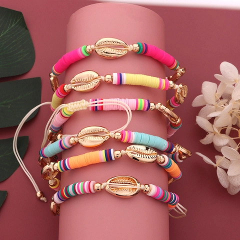 Handgefertigte Böhmische Bunte Polymer Ton Heishi Perlen Fußkettchen Für Damen Gold Legierung Muschel Verstellbare Strand Fußkette